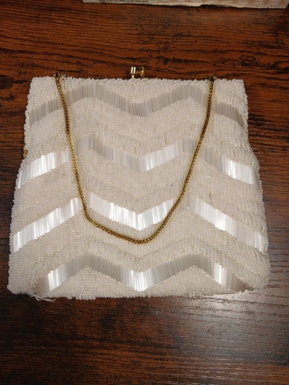 VTG White Seed Micro Bead Sequin Purse Evening Bag Clutch HM Hong Kong
